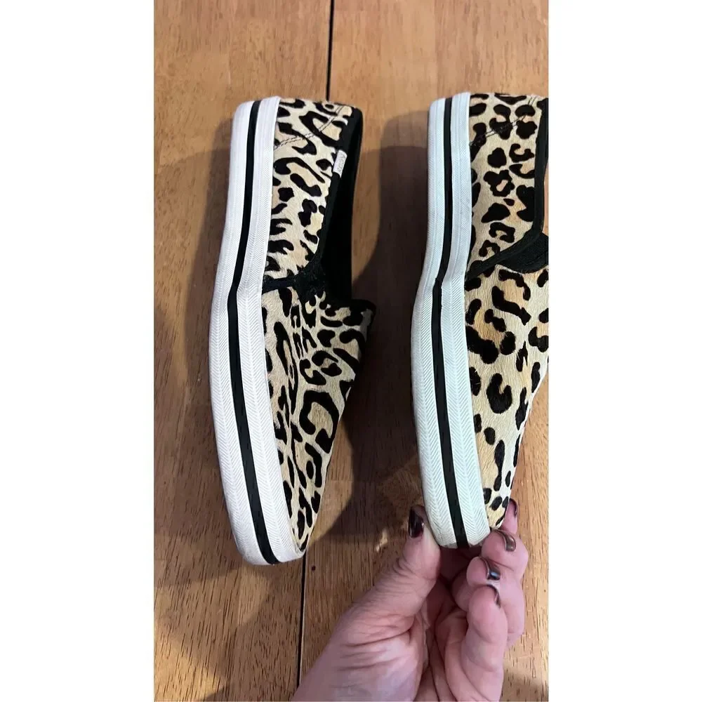 KATE SPADE X KEDS WOMENS LEOPARD PRINT CALF HAIR SLIP ONS SIZE 9.5